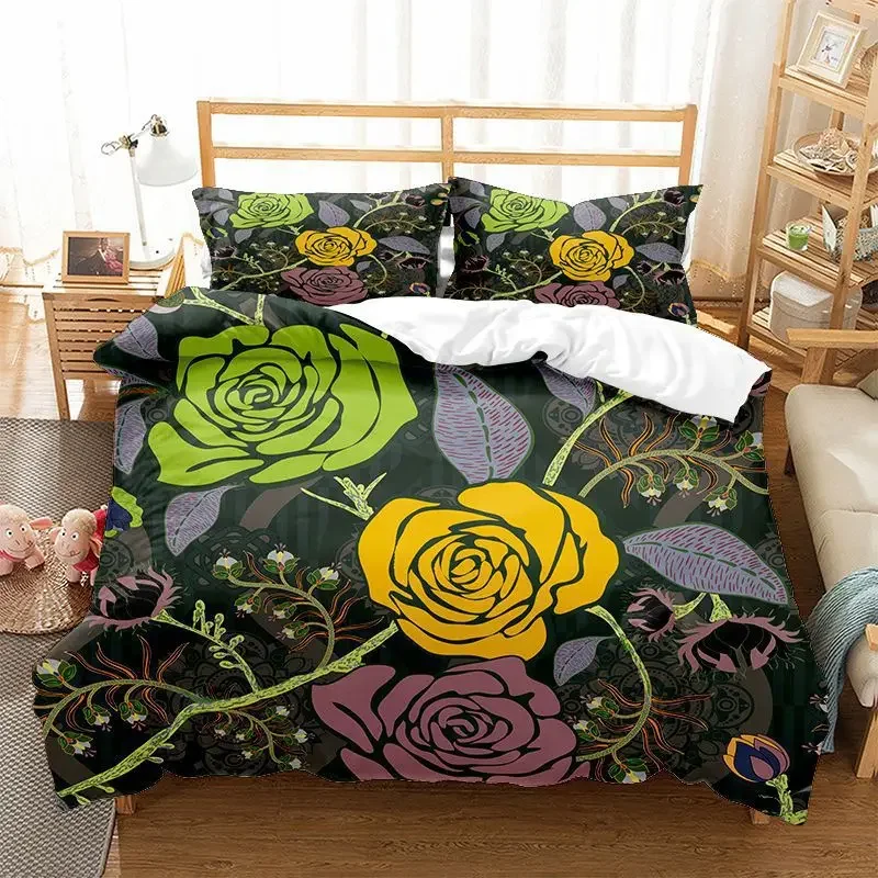 Floral Duvet Cover King/Queen Size Green Turmeric Flowers Bedding Set,Vintage Colorful Branches 2/3pcs Polyester Quilt Cover