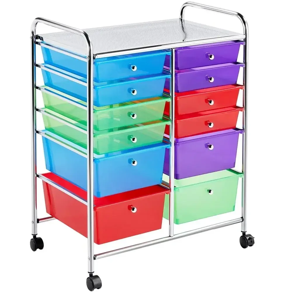 

12-Drawer Multi-color Metal Drawer Chest with Rolling Wheels and Stackable Design Living Room Bathroom Dressing Room Steel PP