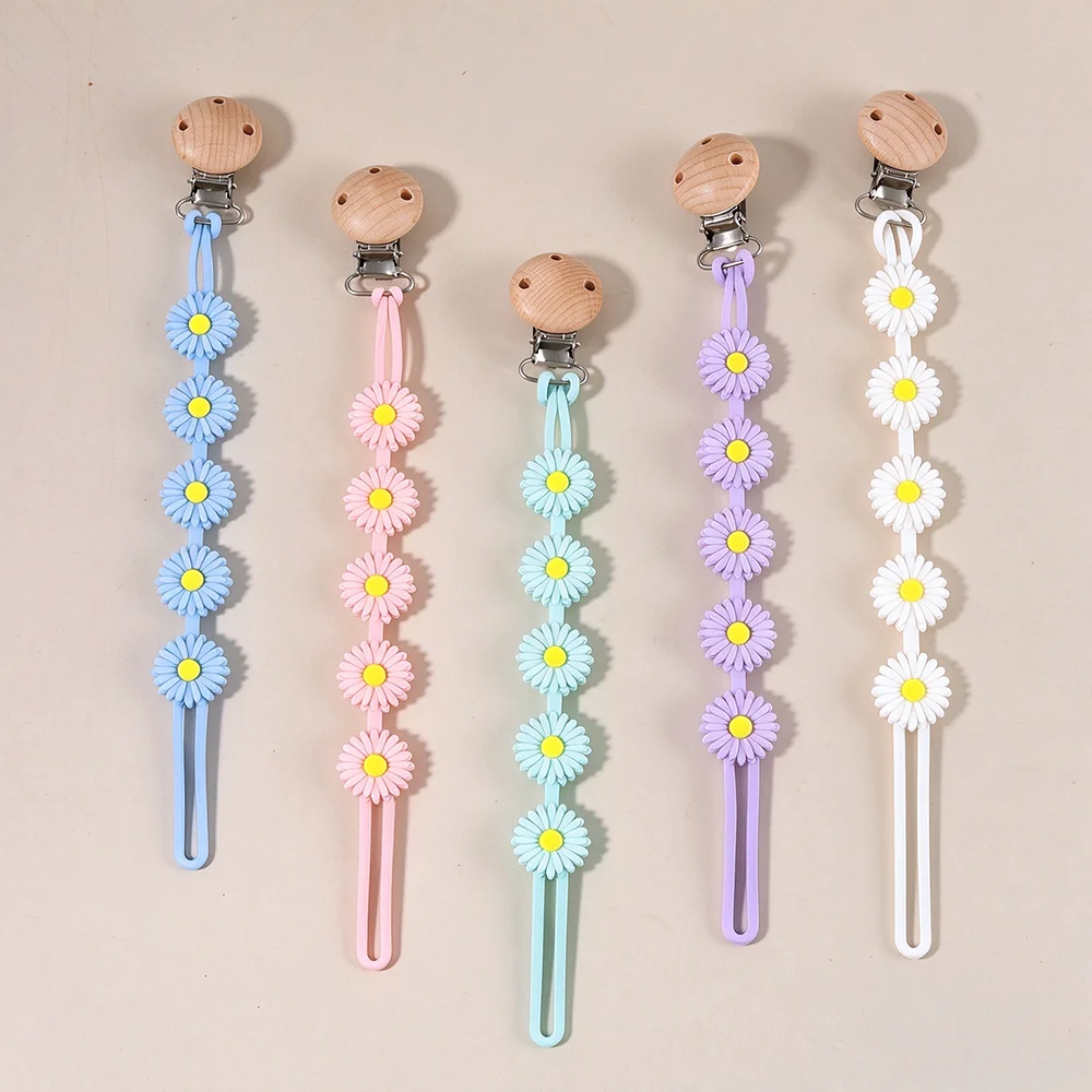 Custom Name Silicone Daisy Flower Pacifier Clip Wooden Engraving Baby Dummy Holder Chain Silicone Teether Chain Personalized