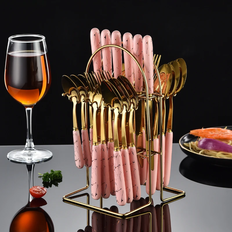 

24pcs Golden Stainless Steel Cutlery Vintage Ceramic Handle Marbled Spoon Knif Fork Hanging Rack Western Gift Box Dinner Set