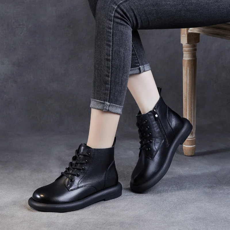 DRKANOL Autumn Winter Warm Flat Heel Ankle Boots For Women Handmade Retro Round Toe Genuine Leather Comfort Casual Short Boots - view 5