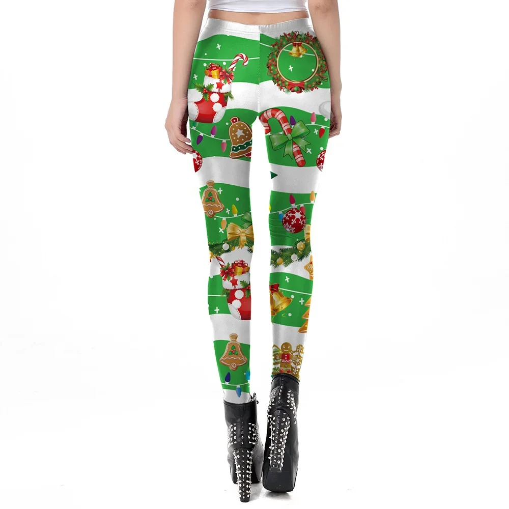 Nadanbao Santa Claus Stripe Printing Leggings Women Sexy Green Funny Elastic Tights Trousers Female Mid Waist Holiday Pants