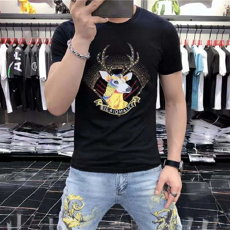 Men's T-shirt Summer New Fashion Hot Diamond Cartoon Print Deer Unisex Tees High Quality Round Neck Tops Daily Party Attire 4XL