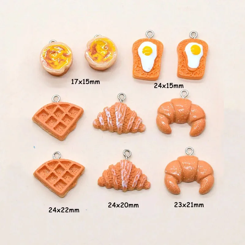 Wholesale 50pcs/Pack Waffle Croissant Egg Tart Food Charms Bulk Resin Crafts Earring Keychian Pendant Mini Sweet Jewelry Make