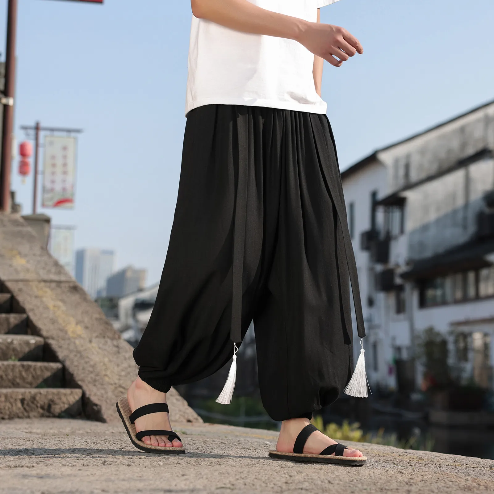 

Широкие брюки в этническом стиле, мужские льняные брюки, удобные дышащие танцевальные брюки, мужские повседневные брюки для ежедневной носки, брюки в стиле Ханьфу, большие размеры до 8XL