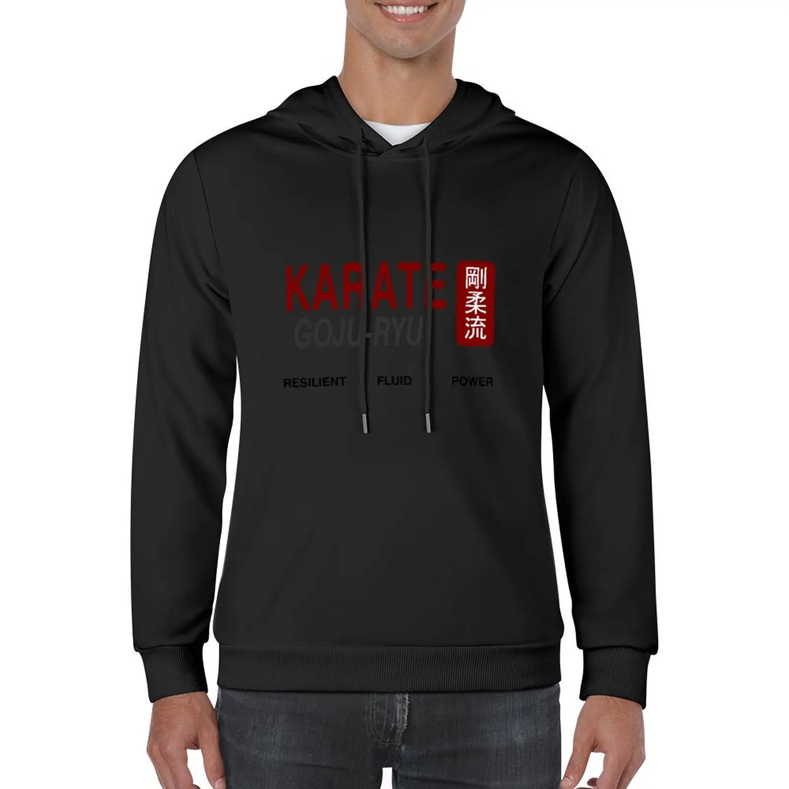 Karate Goju-Ryu Whispers Kanji Cloaked Elegance White Hoodie aesthetic clothing mens clothes hoodies and sweatshirts new