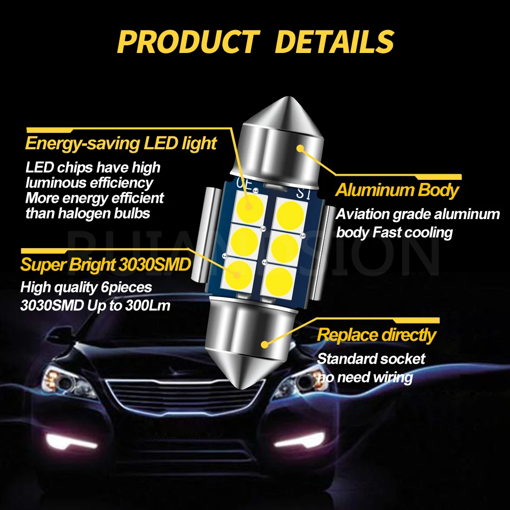 Ruiandsion 1x c5w Led Bulb 2835 Canbus Festoon 28mm 29mm Car Interior Light Dome Reading Lamp White 12V Non-polarity