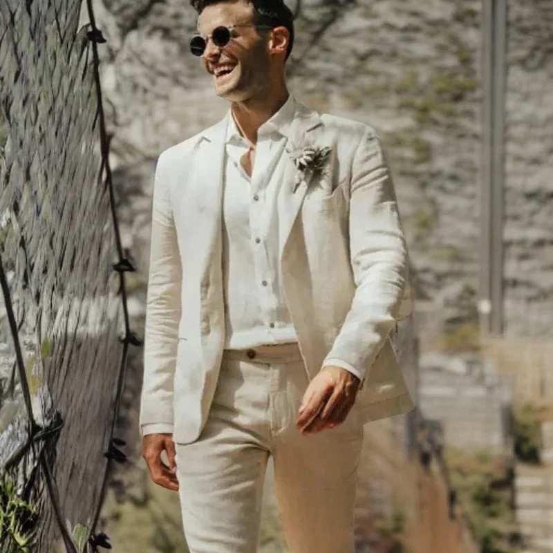 Linen Men Suits for Wedding Garden Summer Groom Tuxedo 2 Pcs Notch Lapel Prom Blazer with Trousers ( Jacket + Pants ) 2024