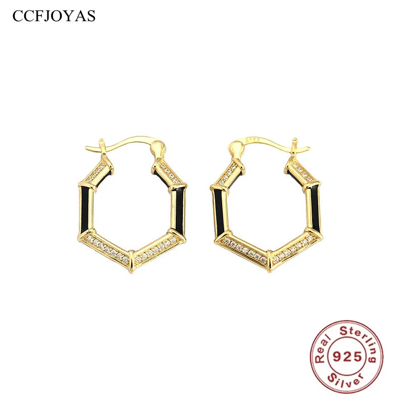 

CCFJOYAS 12mm S925 Sterling Silver Punk Rock Huggies Gothic Hoop Earrings for Wmen Black Enamel Hexagonal Earrings Fine Jewelry