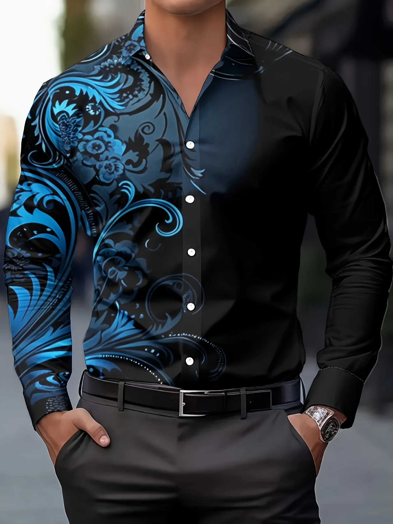 2025 Men's Gradient Floral Print Long Sleeve Shirt Casual Slim Fit Streetwear Stylish Print Shirt Comfortable Top Blouse For Men