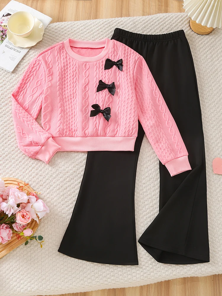 Herbst und Winter Damen- und Kinder-Schleifendekoration, gestricktes Rundhals-Langarm-Sweatshirt und Schlaghose, zweiteiliges Set