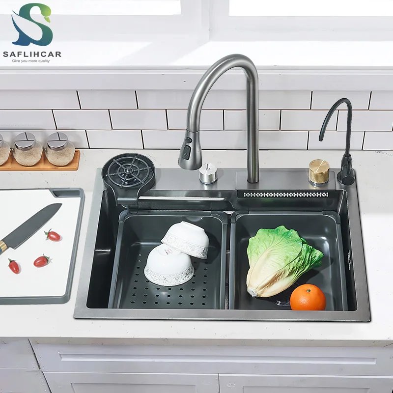 304 Stainless Steel Waterfall Kitchen Sink Large Single Slot with Chopping Board Cup Washer