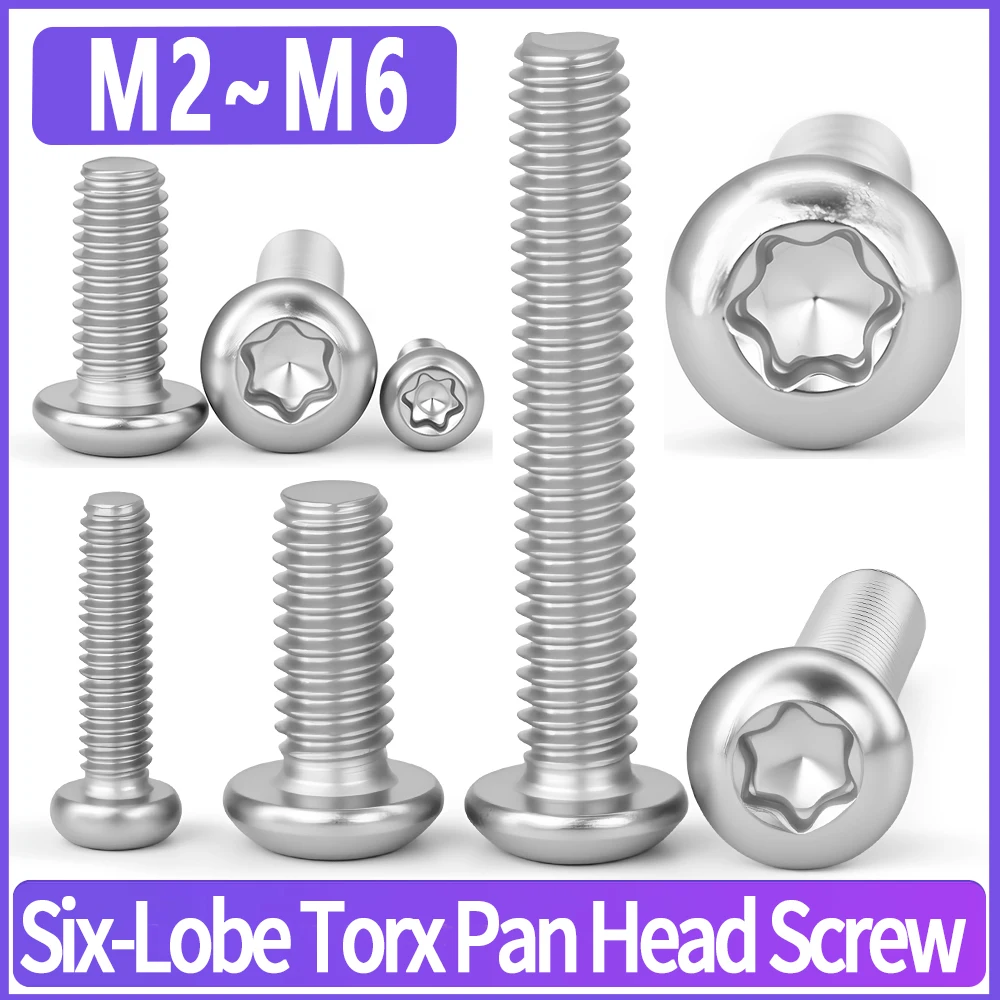 M2 M2.5 M3 M4 M5 M6 304 A2 Stainless Steel GB2672 Six-Lobe Torx Pan Head Screw Bolt Six Lobe Round Screws 5~50Pcs Length=4-35mm