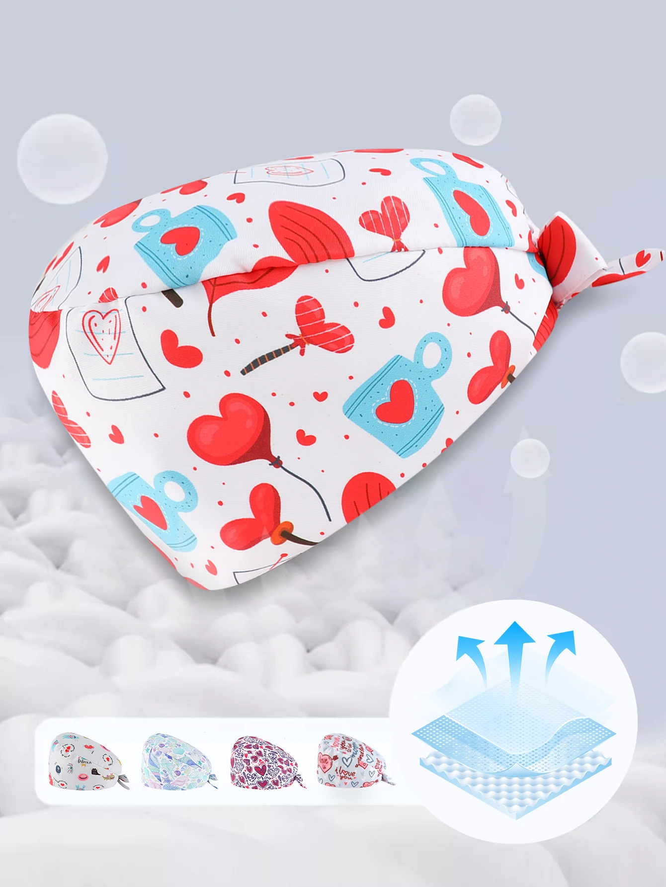 Heart Print Women's Surgical Scrub Caps Long Hair One Size Back Elastic Strap Hospital Doctor Medical Surgical Nursing Hats