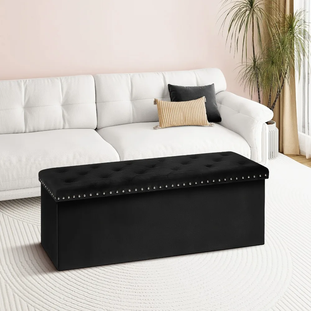 

Black Folding Storage Ottoman, Foldable Ottoman Bench Foot Rest, Velvet Ottoman with Storage, Load Up to 661.39LB