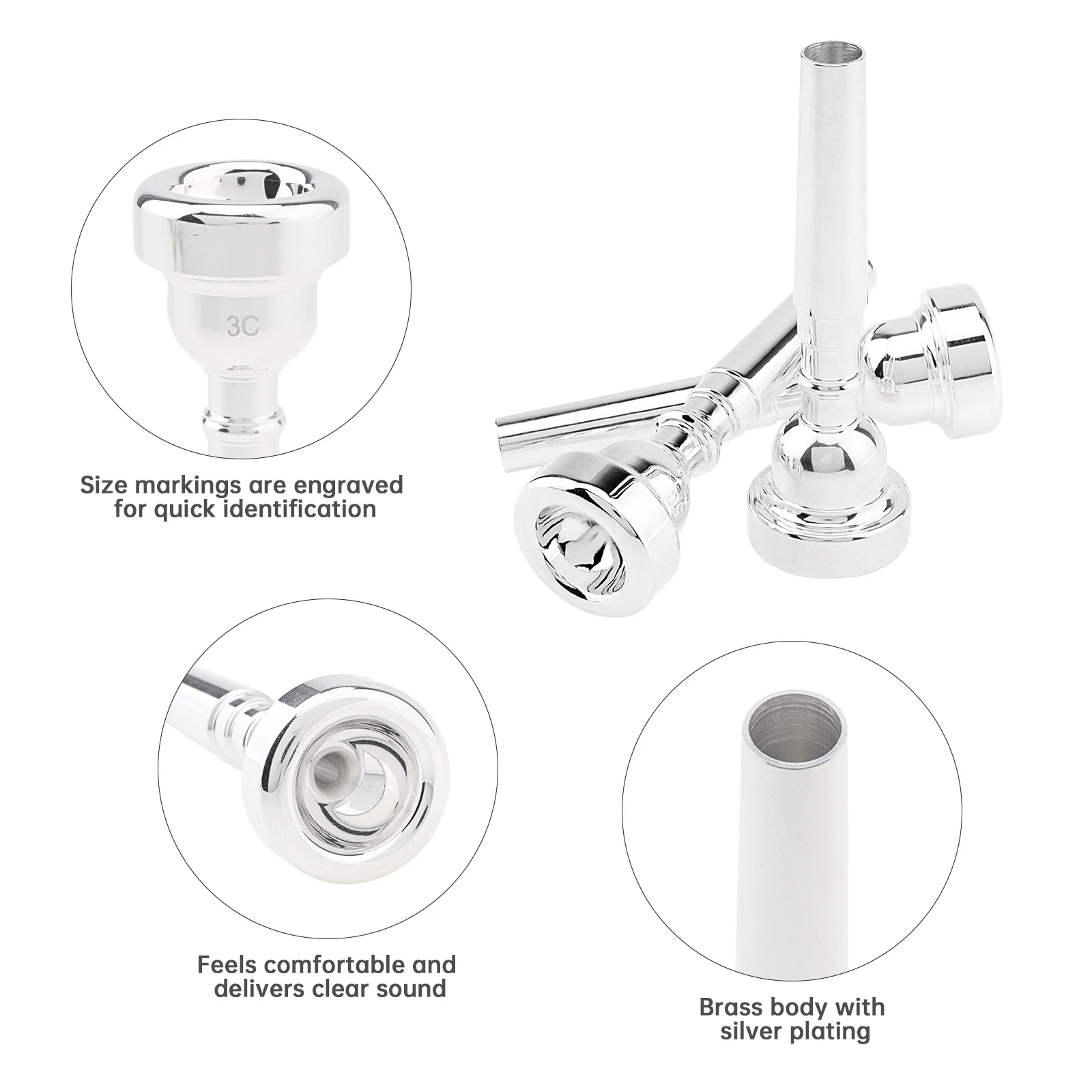 Versilbertes Messinglegierungs-Mundstück-Set 7C 5C 3C für Trompeten, passend für Yamaha / Bach / Conn / King, mit Bürste, Reinigungstuch, EVA-Etui – Detail 4