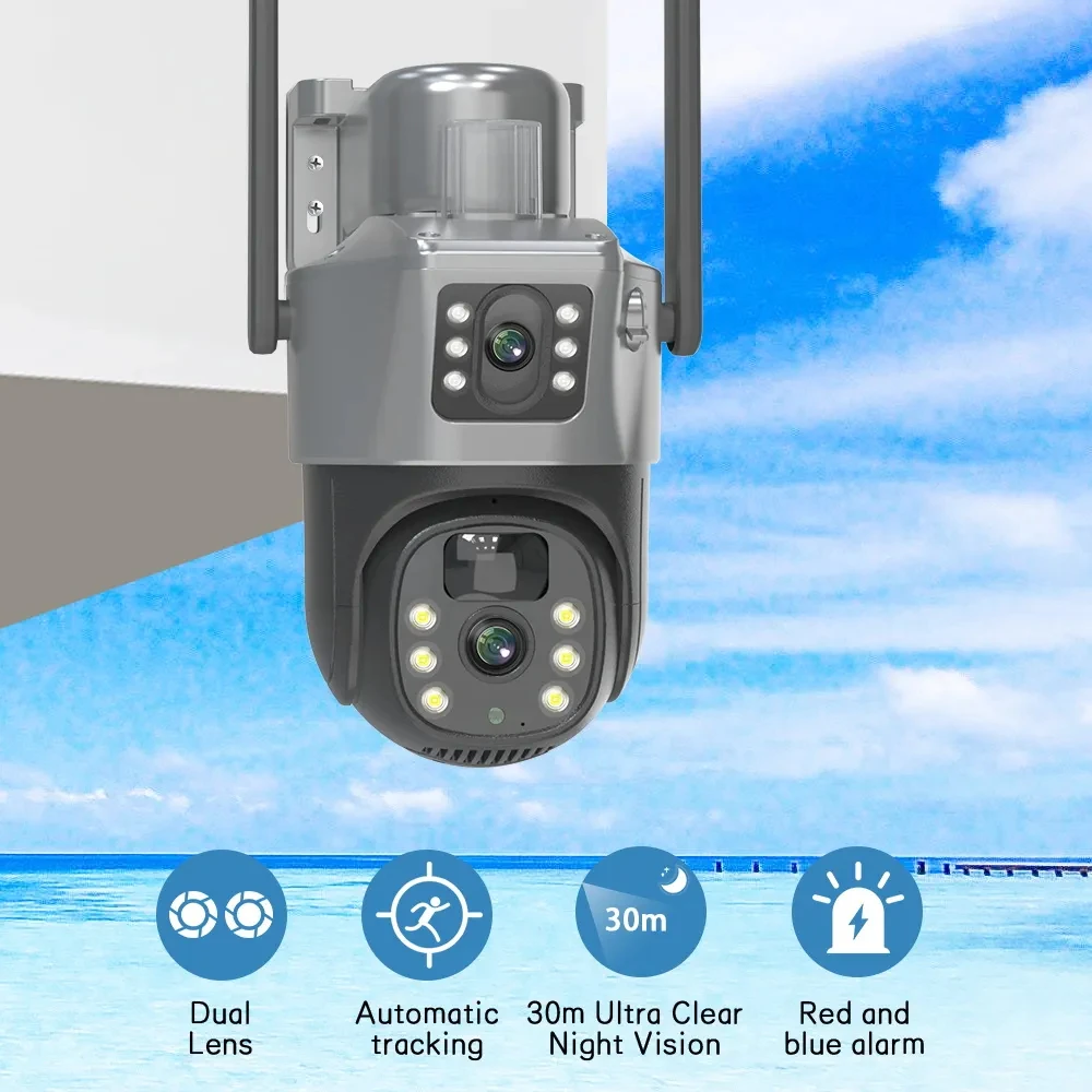 4K 8MP WiFi Solar Camera Dual Lens Dual Screen Outdoor Wireless PTZ Cam Security Protection Auto Tracking Surveillance IP Camera