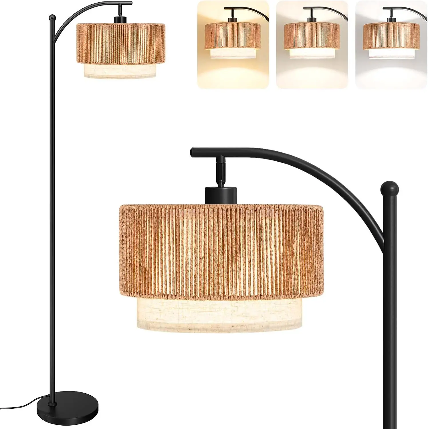 RattanMaterial ArcStyle Standing Floor Lamp for LivingRoom, 12W Bulb Included