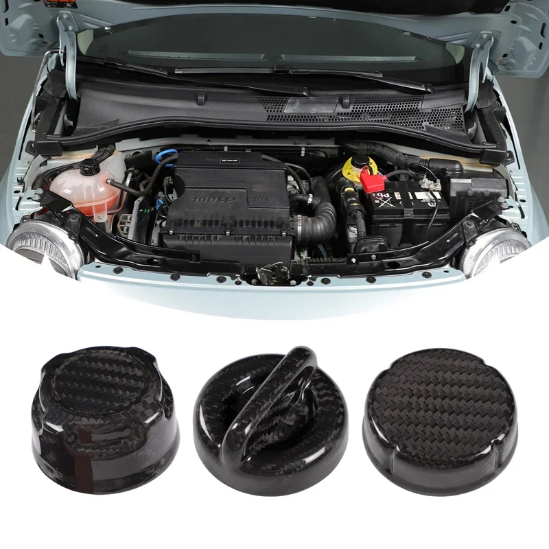 3Pcs 100% Real Dry Carbon Fiber Engine Cap Set for Fiat 500 Abarth 595 695 2016+ Coolant Oil Brake Fluid Reservoir Caps