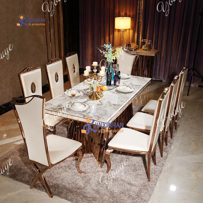 

Stainless Steel Gold Frame Dinning Table Set Modern Luxury Marble Top 8 Seat Dining Table Set