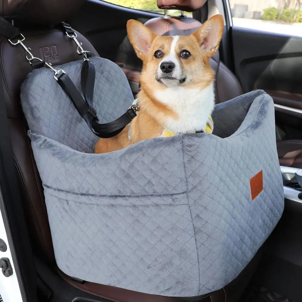 

Elevated Pet Car Seat for Dogs under 35lbs, Safety Strap, Ultra Soft Fabric, Memory Foam Dog Bed, Comfortable, Non-Slip & Washab