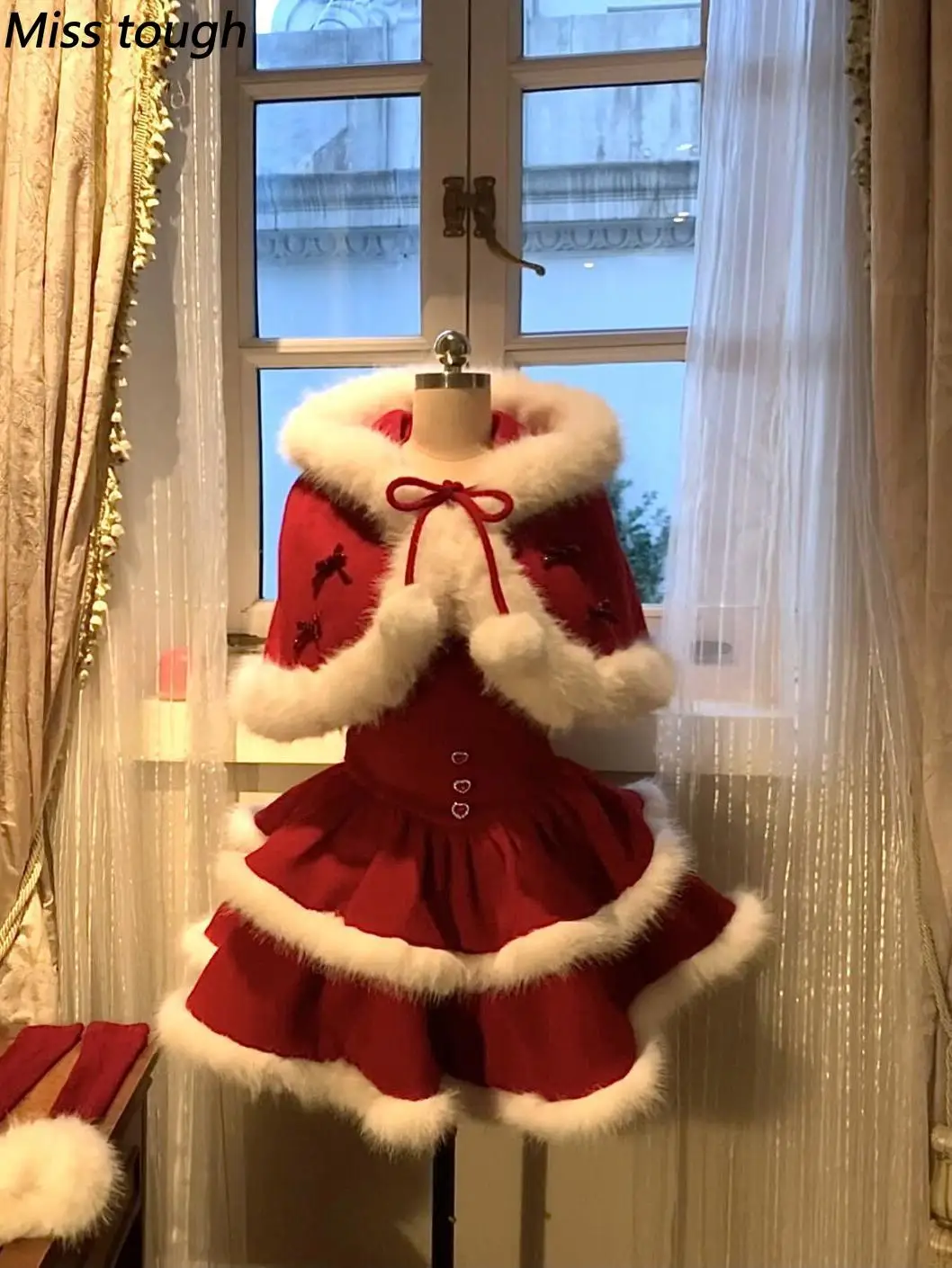 Joyeux Noël, ensemble en deux pièces de style gothique japonais Lolita pour femmes : cape en fourrure + robe ajustée et épaisse, tenue vintage pour fêtes à l'effigie de Harajuku.