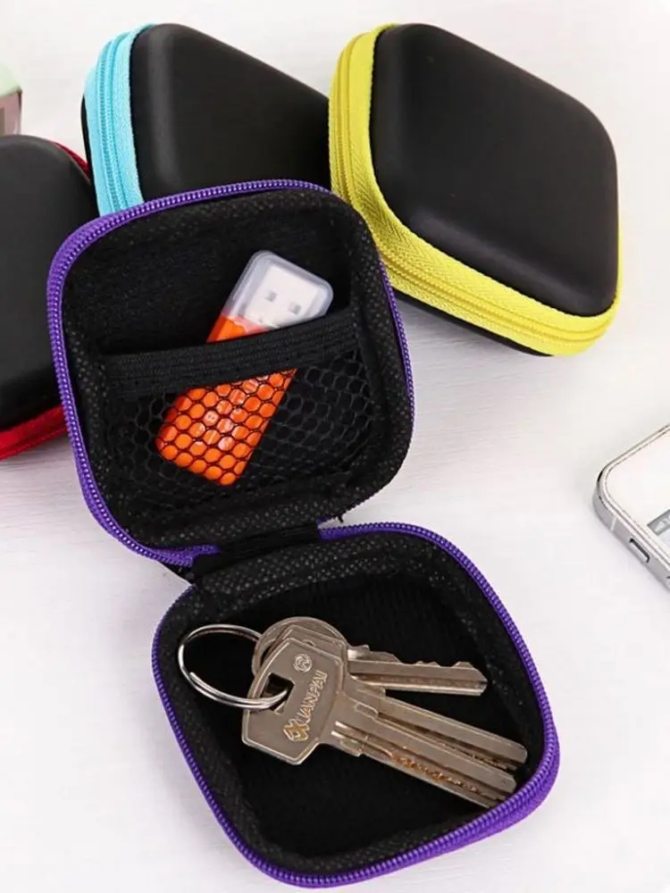 1pc zíper caso de fone de ouvido de couro caixa de armazenamento portátil viagem cabo usb organizador carregando saco duro para moeda cartão de