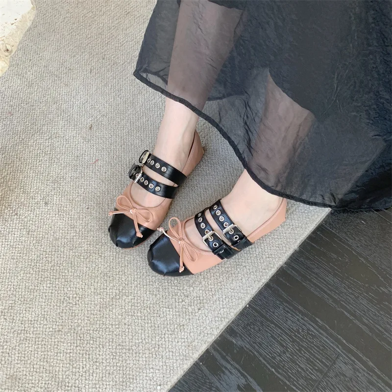 Women Flats Female Ballet Punk Doll Riband Shallow Bow Tie Sandals Ladies Fashion Desigh Sweet Retro Round Toe Buckle Cozy Shoes