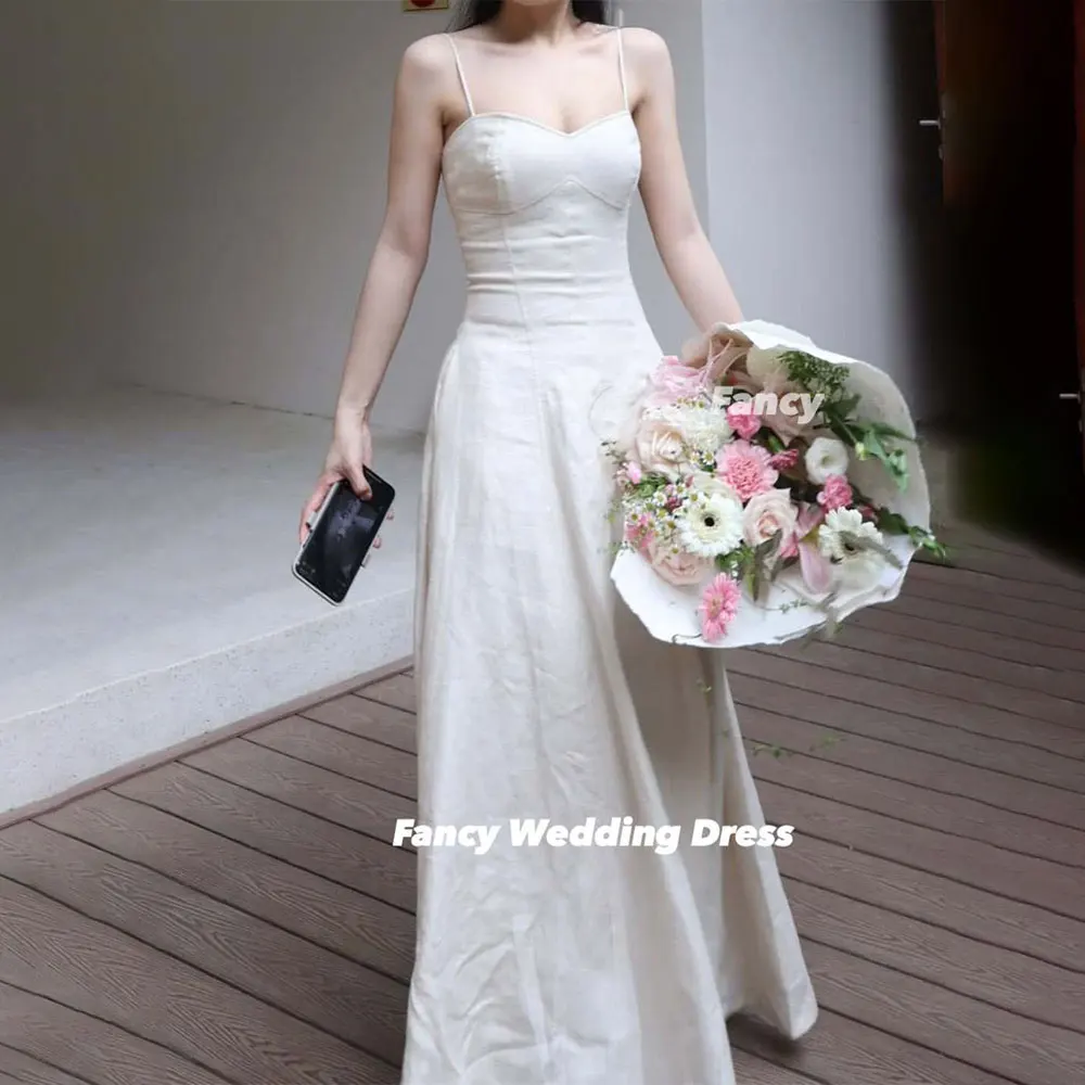 Elegancka koreańska suknia ślubna na ramiączkach spaghetti, linia A, elastyczna satyna, suknia wieczorowa, gorset z tyłu, możliwość personalizacji 웨딩드레스