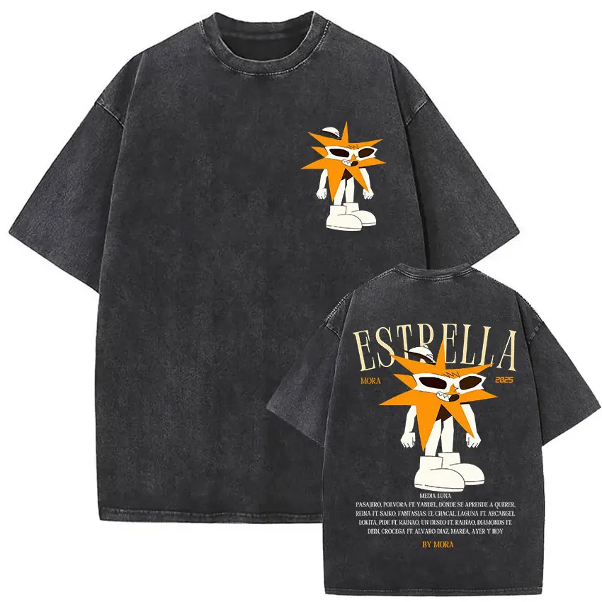 Rapper Mora Lo Mismo De La Otra Vez Tour 2025 Vintage Washed T Shirts Men Women Summer 100% Cotton Short Sleeve T-shirt New Tops image 3