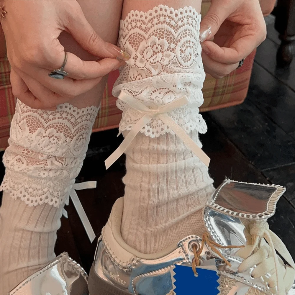 

Пара милых кружевных носков JK с украшением в виде банта, дышащие носки средней длины, удобные женские носки в стиле балета с напуском