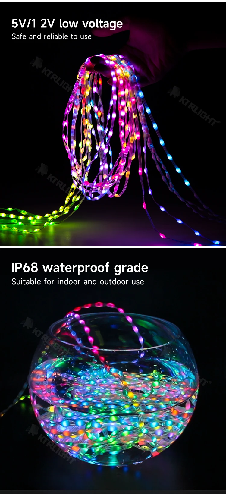 KTRLIGHT DC5V/12V 1.5cm-10cm Pitch 3Pin Clear Wire WS2811 LED Seed Pixel String Light RGB IC Addressable Full Color IP68