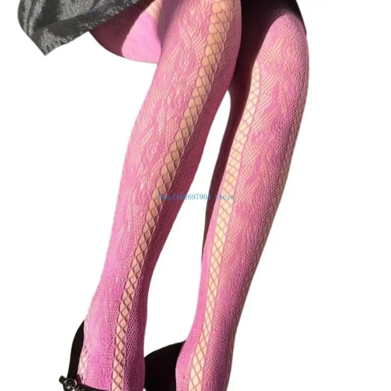

N7YF Women French Vintage Tights Rose Flower Side Hollow Out Striped Pantyose