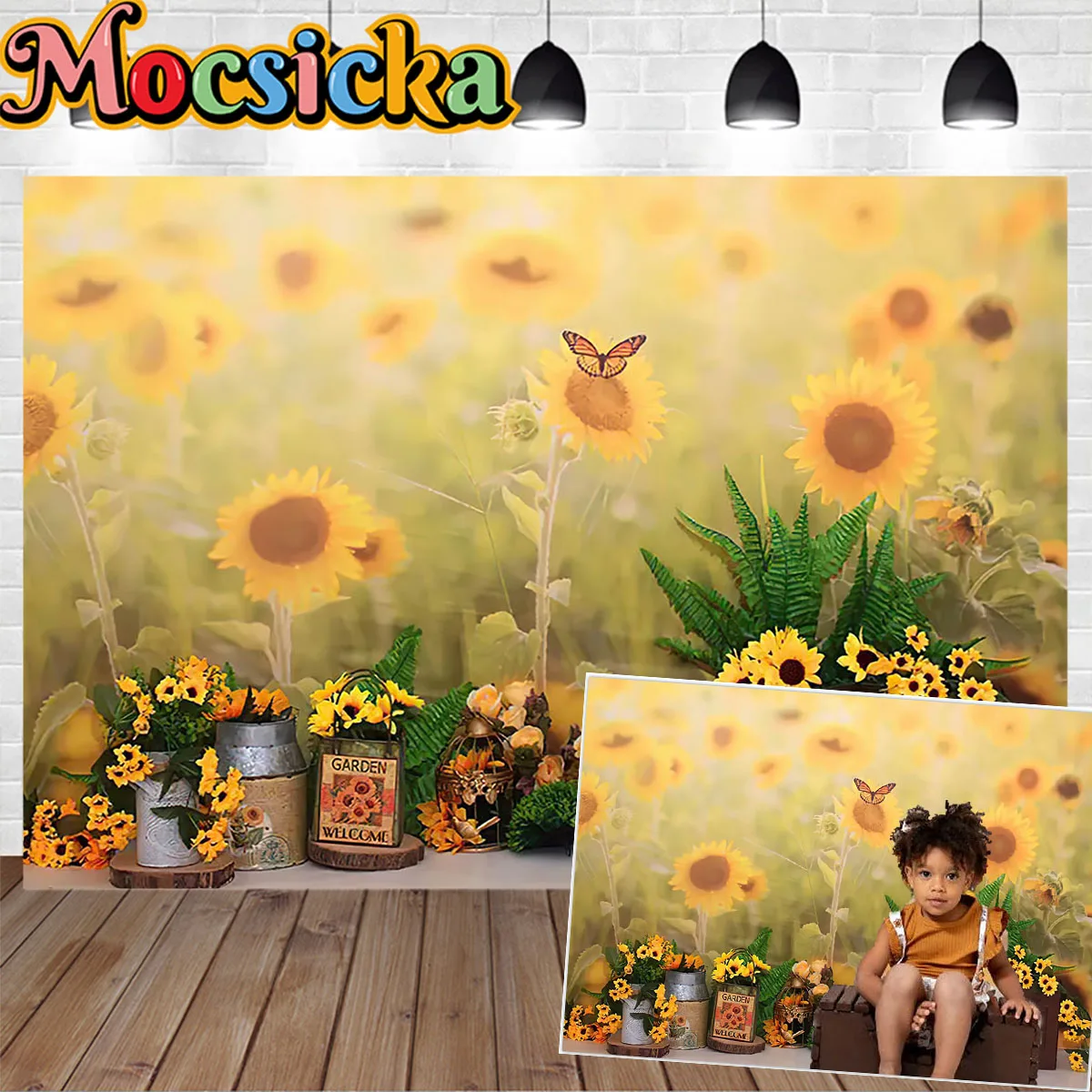 Mocsicka Summer Sunflower Girl Birthday Studio Photo Backdrop Garden Butterfly Pot Decor Background Kids Cake Smash Photobooth