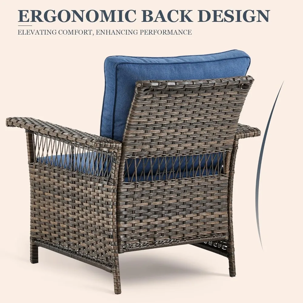 أثاث الفناء كراسي الفناء الخوص مع 2 PE الروطان العثمانيين البني الخوص الأزرق وسائد فناء المحادثة الفناء الخلفي بجانب حمام السباحة #3