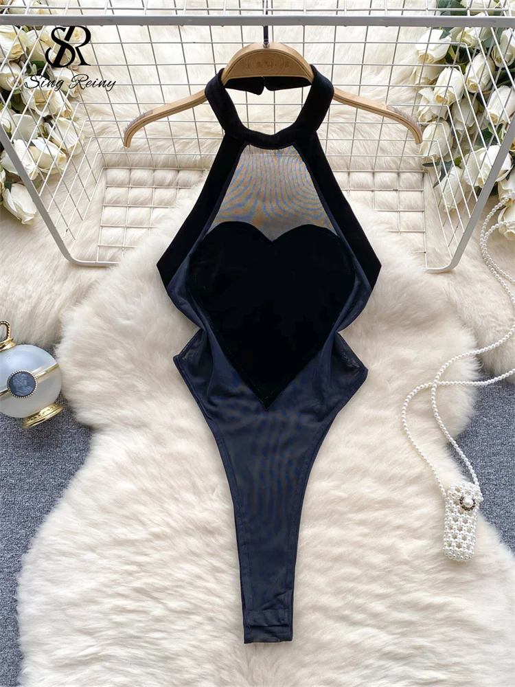 SINGREINY Love Velvet Sexy Bodysuits Mesh Patchwork Halter Backless Bodycon Slim Hotsweet Women Fashion Y2K Streetwear Jumpsuits