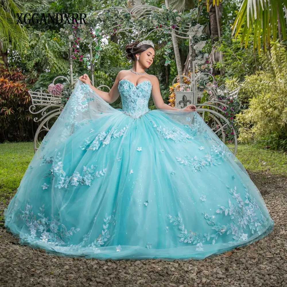 

New Light Blue Quinceanera Dresses 2025 Girl Sweet 15 16 Birthday Party Gown Sweetheart Bow Lace Applique Backless Mexican Dress