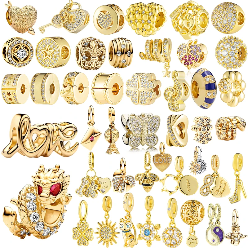 

New Gold Plated Sparkling Bow，Dragon，Engravable Love Heart Dangle Charms Beads Fit Original Silver 925 Bracelet Jewelry Gift