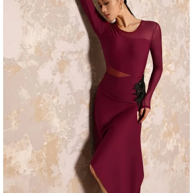 

Новинка 2024, платья для соревнований по латинским танцам, танго, ча-ча, самба, тренировочная одежда для взрослых и женщин, продвинутое сексуальное платье с длинными рукавами