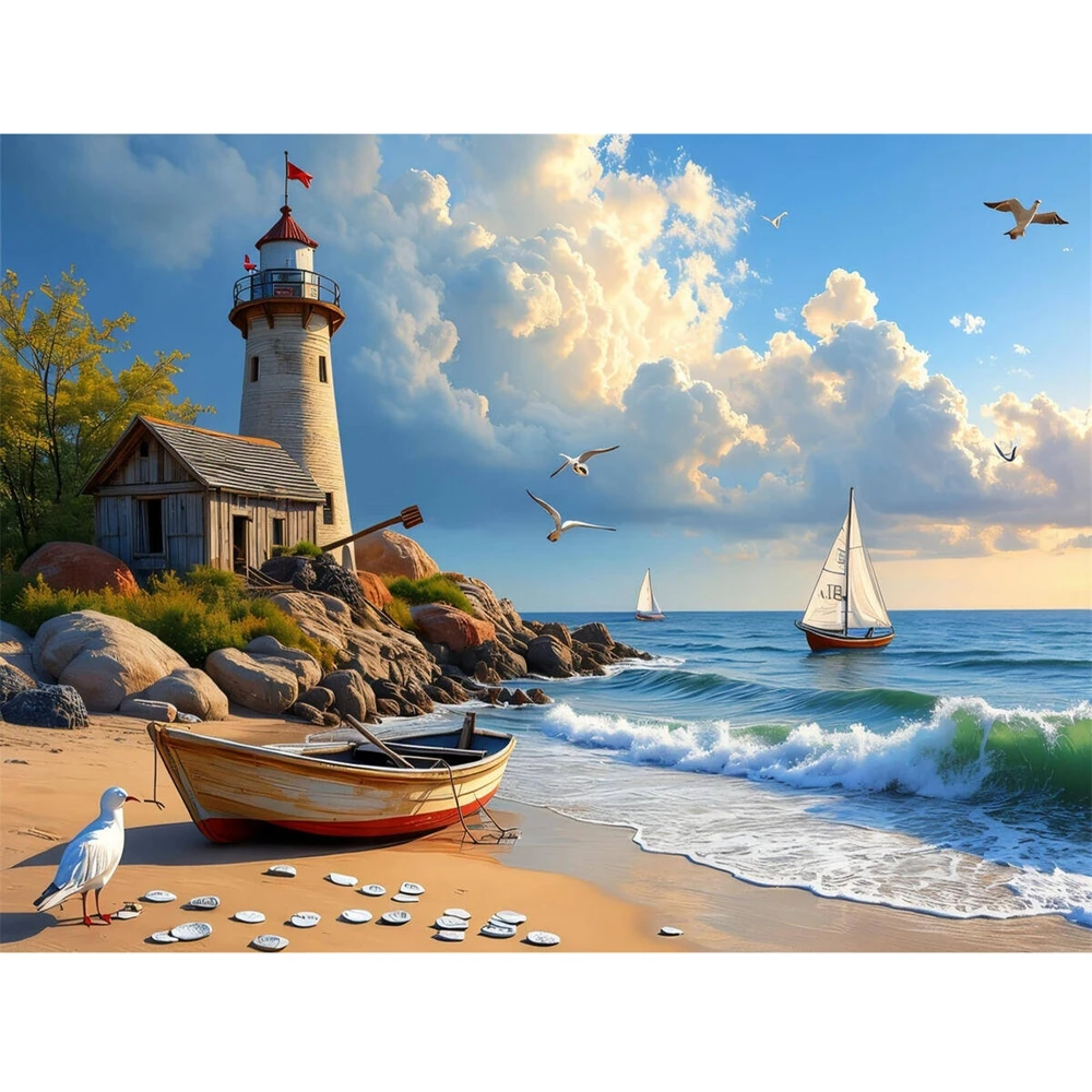 Volle Runde Diamant Mosaik Meer Landschaft Handwerk Kit Schiff DIY Diamant Malerei Leuchtturm Handwerk