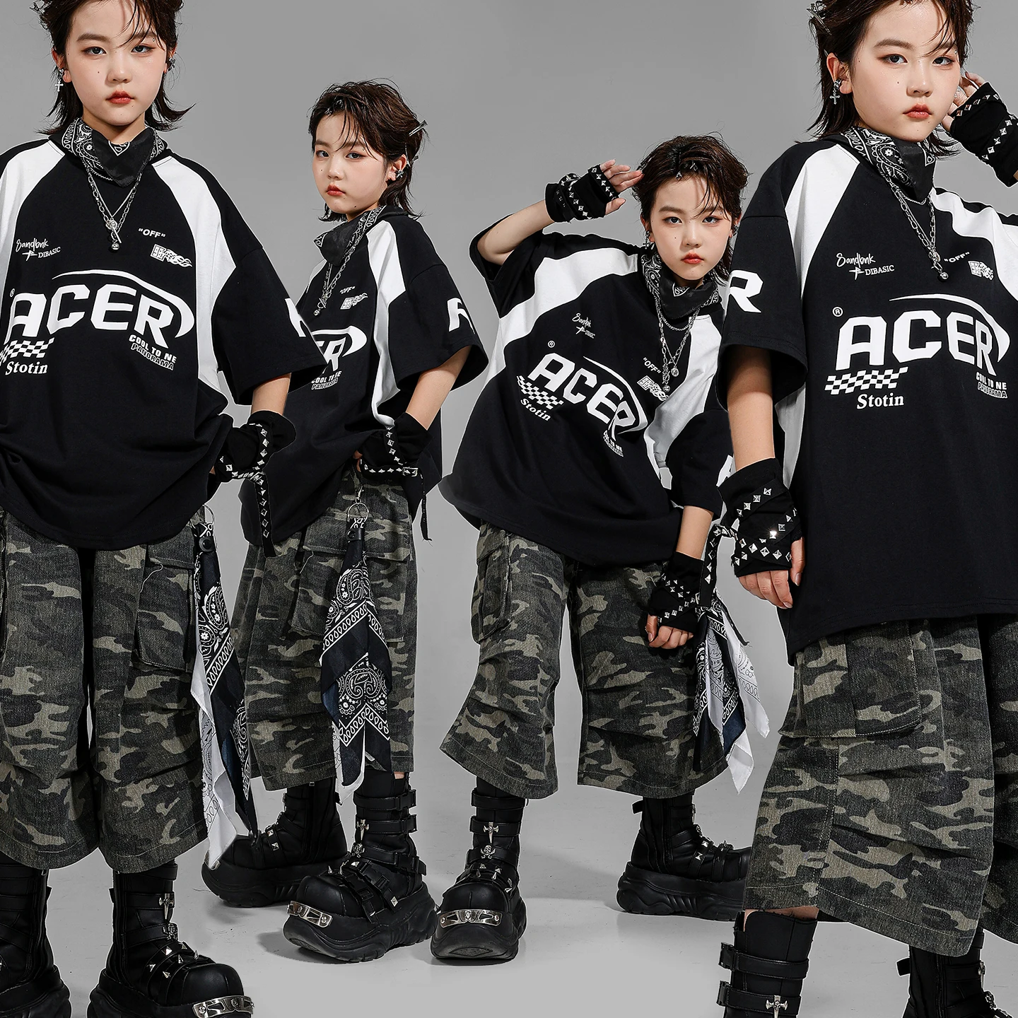 

Футболка большого размера в стиле хип-хоп для мальчиков, камуфляжные шорты, наряды для уличных танцев, костюм K-pop для джаза для девочек, комплект детской одежды, детская уличная одежда