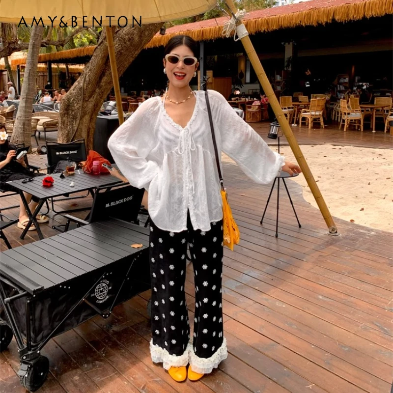 

New Black Elastic Waist Embroidered Women's Trousers Original Design Sense Casual Lace Splicing Floral Straight-leg Pants Ladies