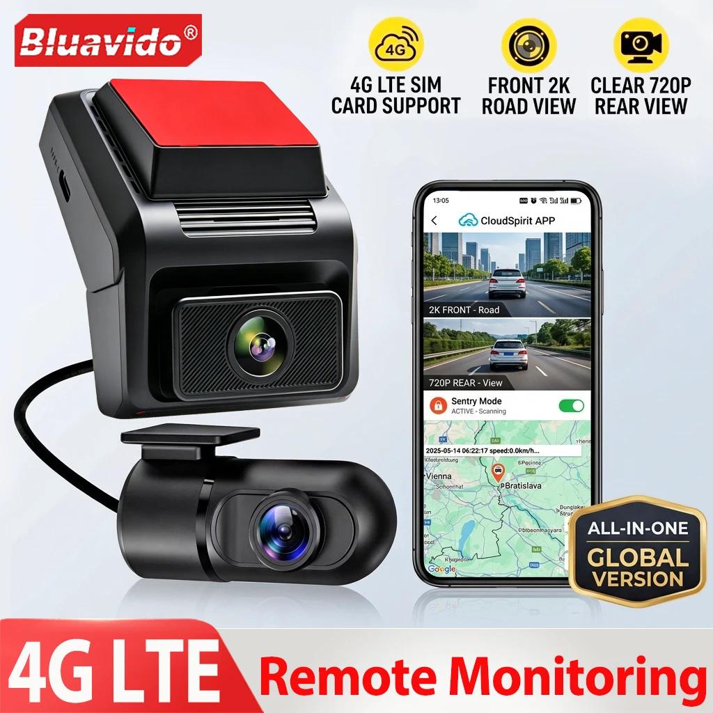 Bluavido 4G Mini Dashcam 2K Front- und Innenkamera 24H Parküberwachung WLAN Live-Monitor Auto-Videorekorder GPS-Positionierung