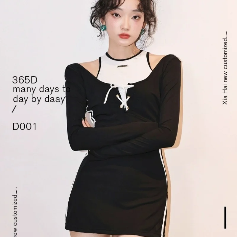 Trendy Long Sleeve American Sports Split Swimsuit Women Tummy Conceal Conservative Slimming Outfit For Student Beach Hot Spring