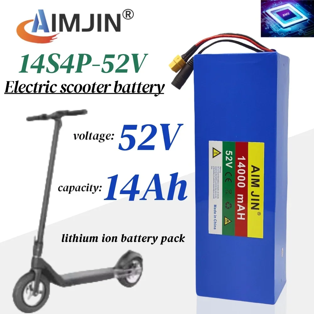 

14S4P 52V 14Ah 18650 rechargeable lithium battery pack 14000mAh suitable for 250-1500W built-in BMS+58.8V 2A charger