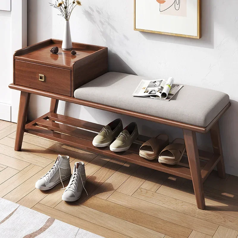 Solid Wood Shoe Cupboard with Drawer Long Storage Bench Walnut Foot Stool Door Sitting StoolMulti-Function Shoe Bench