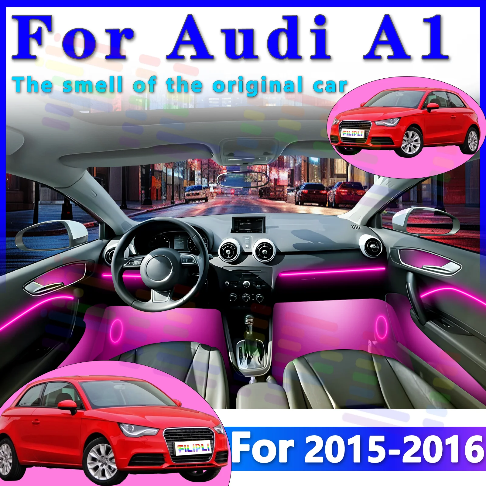 

Для Audi A1 2015-2016: Светодиодная RGB-подсветка салона, оптоволоконная неоновая невидимая атмосферная лента, декоративная подсветка с управлением через приложение