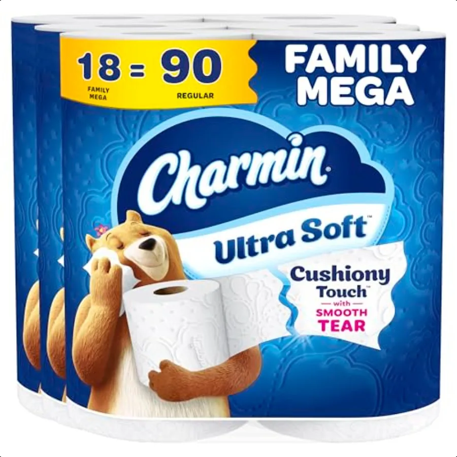 Carta igienica ultra morbida Cushiony Touch 18 Mega Rolls Famiglia = 90 Rotoli Regolari L'imballaggio può variare