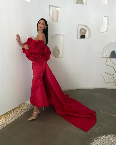 Pretty Red Mermaid Evening Dresses With Long Flower Jacket 2 Pieces Elegant Long Evening Gowns Wedding Party Dress