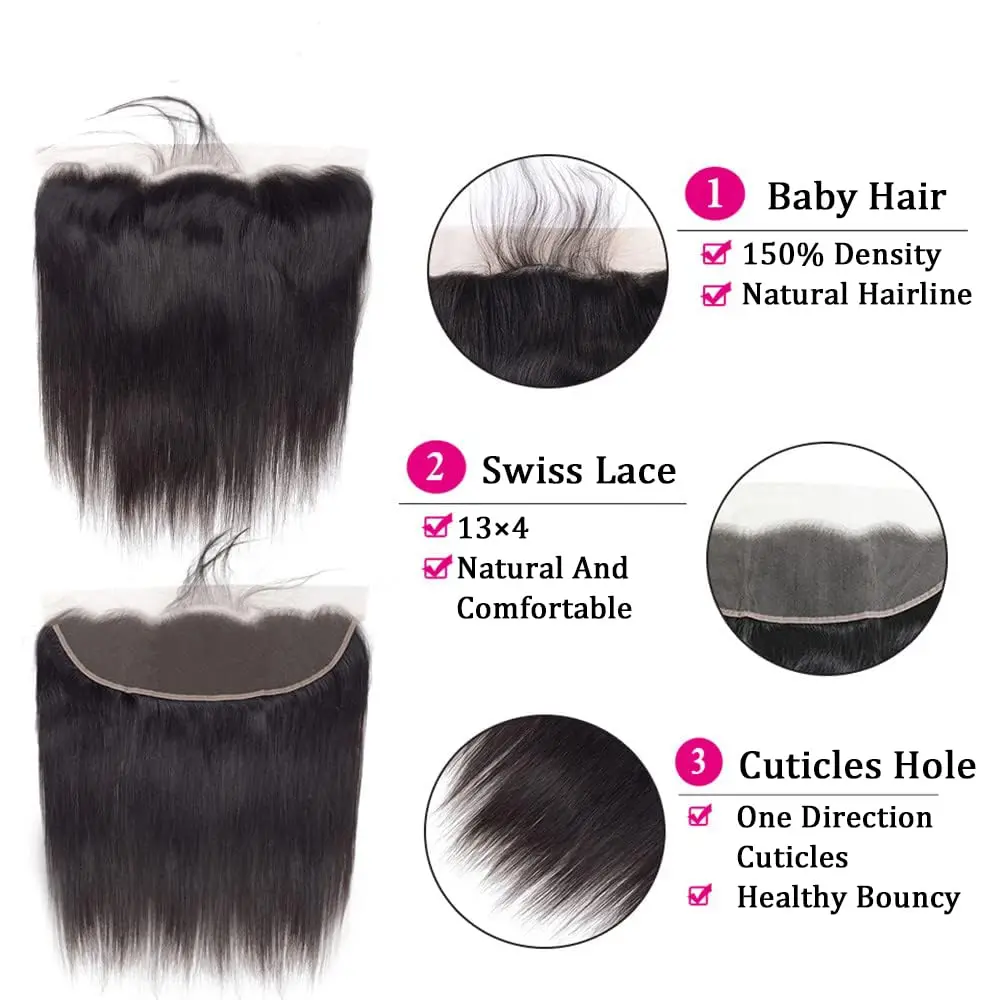 Mechones rectos de 30 pulgadas con cierre, extensiones de cabello humano virgen brasileño 100% sin procesar con encaje Frontal 13x4, negro Natural